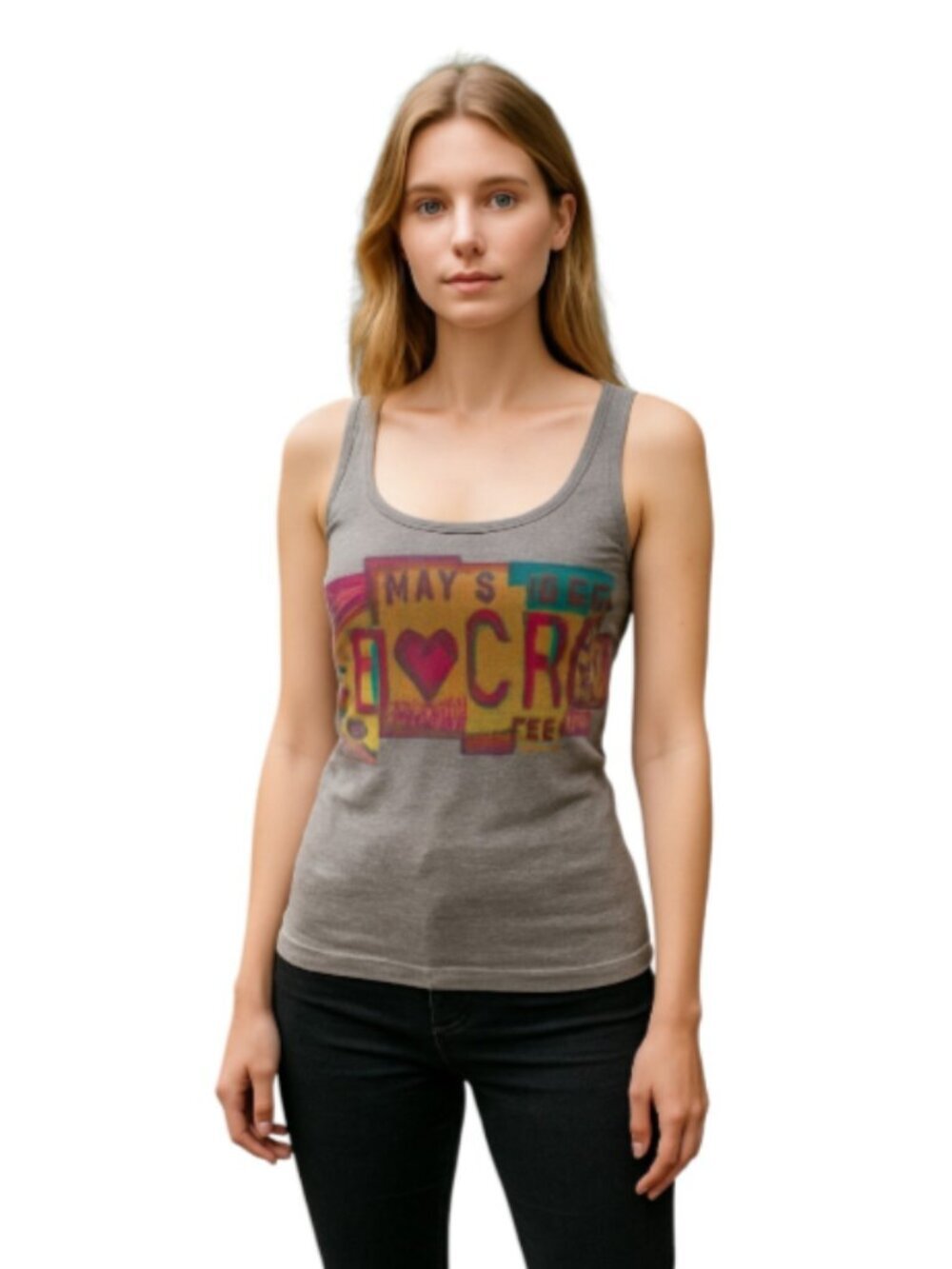 Steve Madden Small to Medium "Mad Crzy" Gray Tank Top Pink Yellow Blue Good
